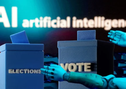 Artificial intelligence technology displayed alongside political campaign materials, illustrating the growing role of AI in NYC elections and public policy.