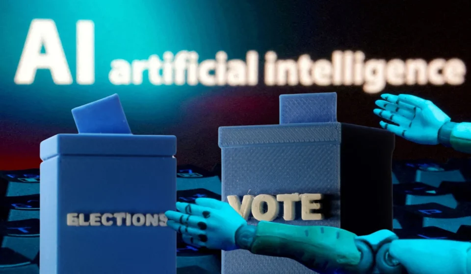 Artificial intelligence technology displayed alongside political campaign materials, illustrating the growing role of AI in NYC elections and public policy.