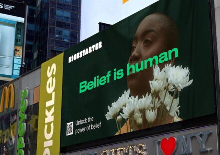 Kickstarter Power of Belief campaign installation in New York City illustrating AI campaign strategy and authentic communication.