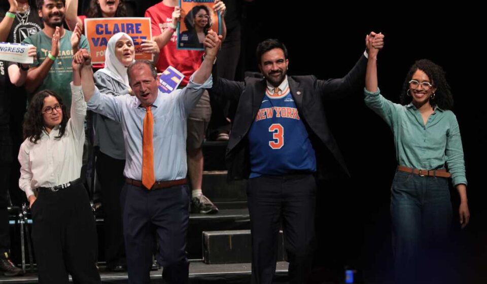 Mayor Zohran Mamdani celebrates after endorsed congressional candidates won key New York City Democratic primary elections in 2026.