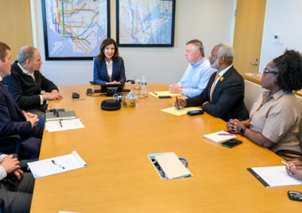 Governor Kathy Hochul speaking with labor leaders during the 2026 election cycle, illustrating the role of labor endorsements in New York politics.