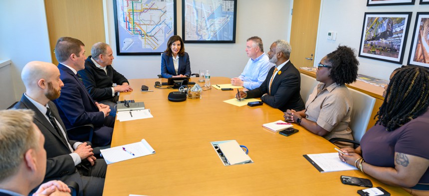 Governor Kathy Hochul speaking with labor leaders during the 2026 election cycle, illustrating the role of labor endorsements in New York politics.