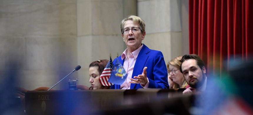 Assembly Member Deborah Glick during discussion of the Packaging Reduction and Recycling Infrastructure Act in New York.