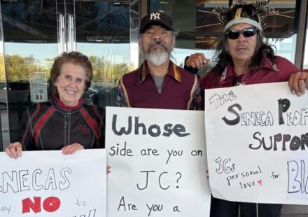 Seneca Nation members protest outside a Bruce Blakeman fundraiser