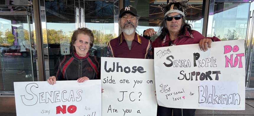 Seneca Nation members protest outside a Bruce Blakeman fundraiser