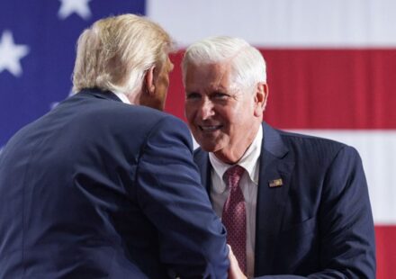 Bruce Blakeman and Donald Trump at a campaign rally in Syracuse during the 2026 New York gubernatorial election.