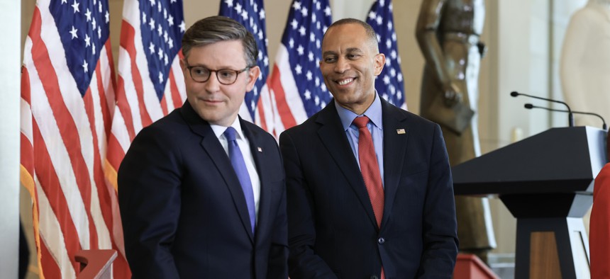 Hakeem Jeffries and Mike Johnson campaign for opposing candidates in the NY-17 congressional race.