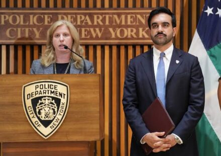 New York City Mayor Zohran Mamdani and NYPD Commissioner Jessica Tisch amid calls for her removal after an ICE shooting.