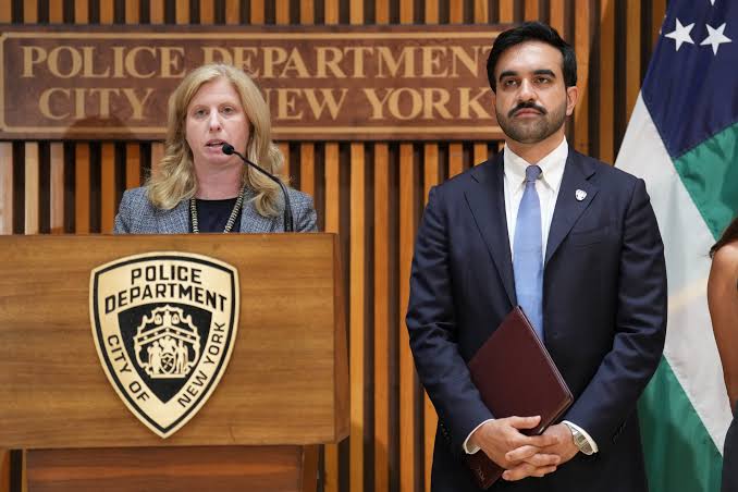 New York City Mayor Zohran Mamdani and NYPD Commissioner Jessica Tisch amid calls for her removal after an ICE shooting.