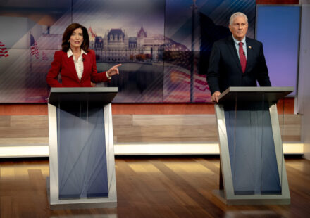 Kathy Hochul and Bruce Blakeman face off during the 2026 New York gubernatorial debate.