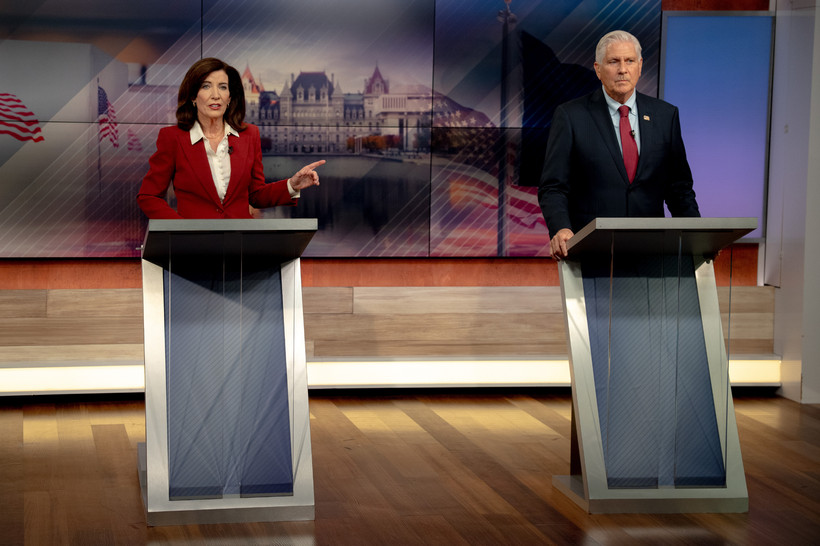 Kathy Hochul and Bruce Blakeman face off during the 2026 New York gubernatorial debate.
